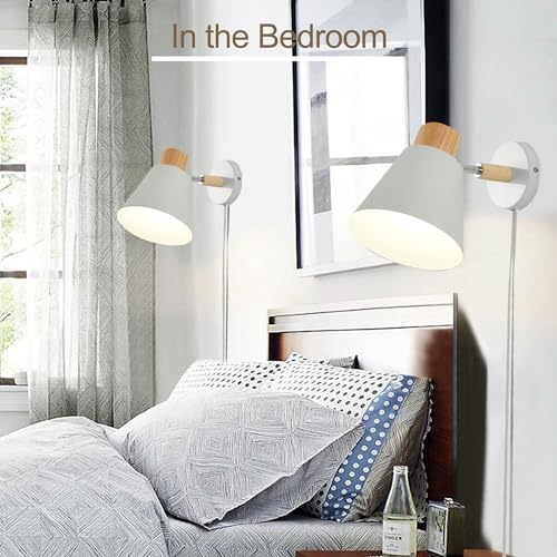 Image of White Plug in Wall Sconces with Switch for Bedroom, Modern Rotation Wall Lamps Up Down E26 Mounted Fixture Wood Metal Lighting Switch Bedside Decor Reading Lights for Kids Bedroom, Living Room