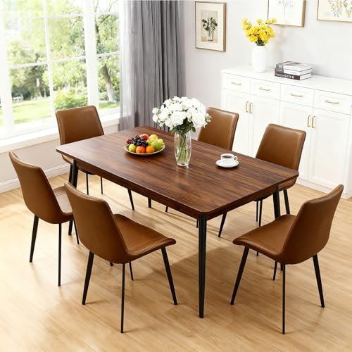 Image of Modern Dining Chairs Set of 6, PU Leather Dining Room Chairs, Upholstered Kitchen Chairs with Ergonomic Backrest & Sturdy Metal Legs, Perfect for Dining Room, Living Room, Brown