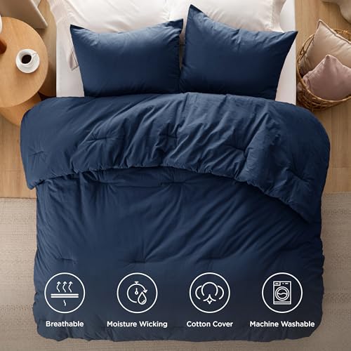 Image of Bedsure Comforter Set Queen Size - Cotton Fabric with Microfiber Inner Fill, Navy PureWoven Soft Bed Set for All Seasons, 3 Pieces, 1 Comforter (90 inch x 90 inch) and 2 Pillow Cases (20 inch x 26 inch)