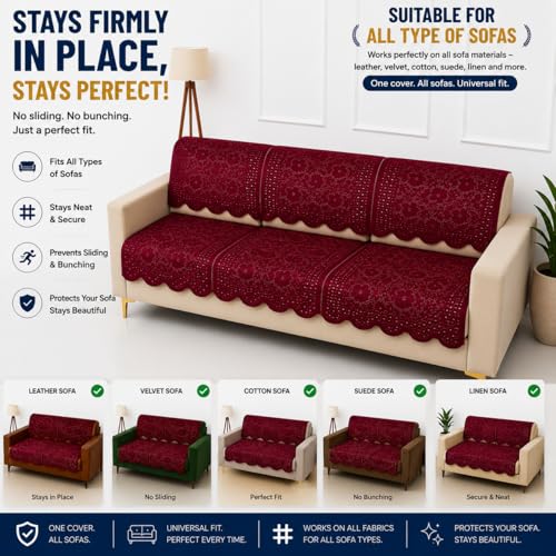 Image of Homerz Premium 'Surya Series' Sofa Cover | Stylish Sofa Protector | Net Fabric | Anti-Stain & Washable Slip Cover Exact Size Antislip (Flower Valley Maroon, 6 (3+2+1) Seater, Seat Cover with Backrest)