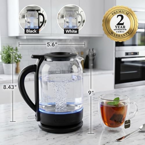 Image of OVENTE 1.5L Glass Electric Kettle Water Boiler, Black KG516B | 1500W Fast Boiling, Easy Fill Lid, Stainless Steel Filter, LED Indicator, Auto Shut-Off, Boil-Dry Protection, 360 Base