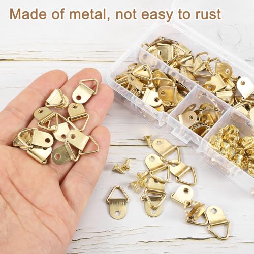Image of uxcell 100Pcs Picture Hangers, Triangle Ring Picture Frame Hook, Frame Backing Fasteners with 100 Pcs Screws for Hanging Clock Paintings Pictures, Gold