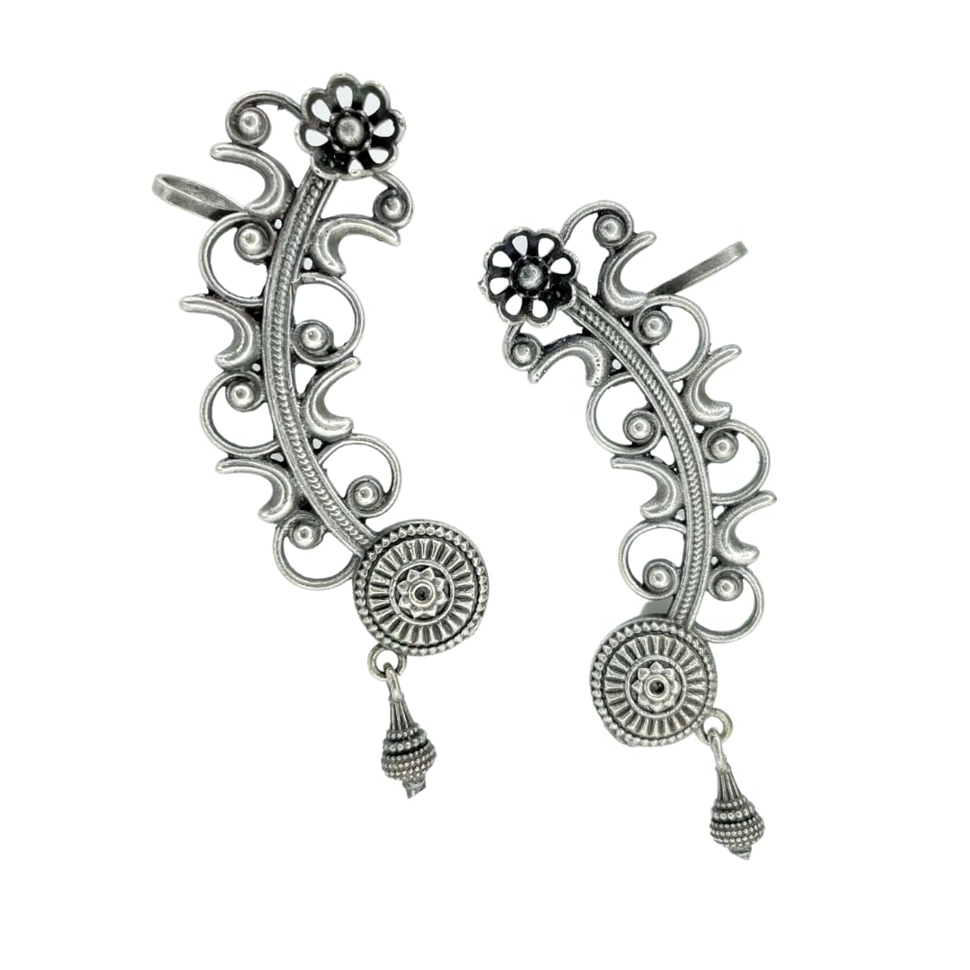 Avvni The Store Oxidised Ear Cuffs Earring German Silver Oxidized Antique Finishing Floral Ear-cuffs Earrings for Women & Girls