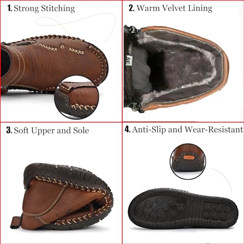 Zeberfi Men's Waterproof Leather Chukka Ankle Boots for Hiking Camping & Driving Fashion Retro Side Zip Hand Stitched High Top Outdoor Walking Sneakers Optional Warm Velvet Lining Snow Boots2