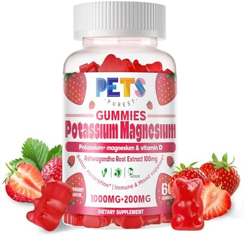 Potassium Magnesium Gummies - High Absorption Magnesium Glycinate & Potassium Citrate Plus Omega 3, B6, D3, K2 & Calcium - Chewable Gummy for Leg Cramps, Immunity & Energy Strawberry 60 Gummies