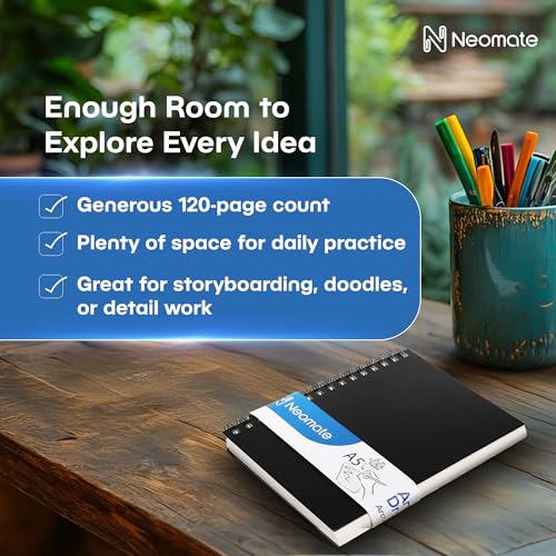 Image of Neomate A5 Spiral Sketch Book | 160 GSM, 120 Pages / 60 Sheets | Wiro Bound Artist Drawing Pad for Sketching, Shading, Doodling | Medium Surface for Kids, Adults, School & Office Use