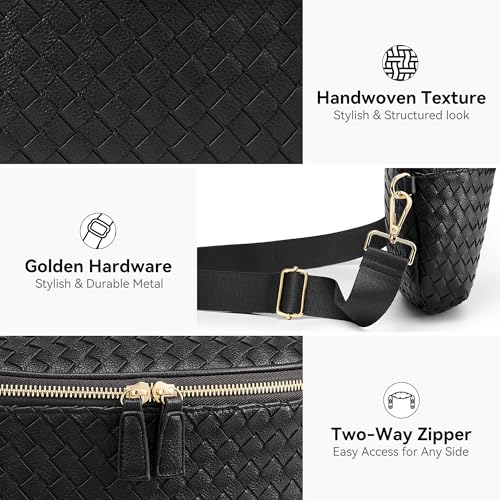 Image of KALIDI Woven Crossbody Bag for Women Travel Vegan Leather Belt Bum Bag | Fanny Packs for Woman Trendy Cross Body Sling Purse for Casual Everyday Daily Errands Shopping Trip Festival, Black