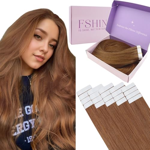 Fshine Tape in Hair Extensions Human Hair Copper Red Remy Human Hair Extensions Tapes Dark Auburn Brown, Seamless Adhesion