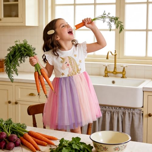 Image of DXTON Toddler Girls Summer Dresses Short Sleeve Tutu Dress for 2-8 Years Girls