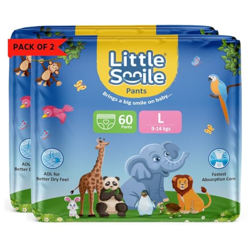 Image of Baby Diapers Pant Style | Size - L - 60 (Pack of 2) | Odorless and Antibacterial Layer with Urine Indicator (120 Pieces)