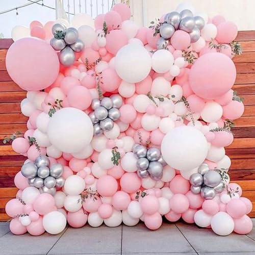 Image of PartyWoo Pink and White Balloons, 140 pcs Pastel Pink and White Balloons Different Sizes Pack of 18 Inch 12 Inch 10 Inch 5 Inch for Balloon Garland or Arch as Birthday Decorations, Party Decorations