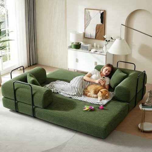 Image of 80 Inch Multi-Functional Convertible Sofa Bed, Fixed Shape Frame, High Density Foam with Corduroy, Easy Assembly, for Living Room and Bedroom. (Green)