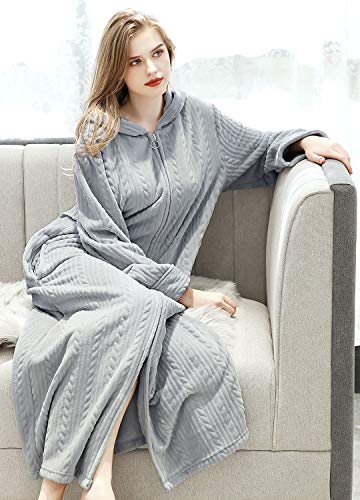 Hellomamma Long Hooded Zipper Bathrobe for Womens Flannel Fleece Robes Winter Warm Housecoat Nightgown Sleepwear Pajamas4
