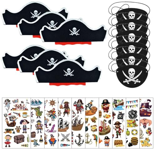 GWEOR Kit de Disfraz Pirata Niño 22 Piezas: 6 Sombreros Pirata, 6 Parches de Ojos y 10 Tatuajes Temporales, Accesorios para Fiesta de Cumpleaños, Carnaval, Halloween y Juegos de Rol Infantiles
