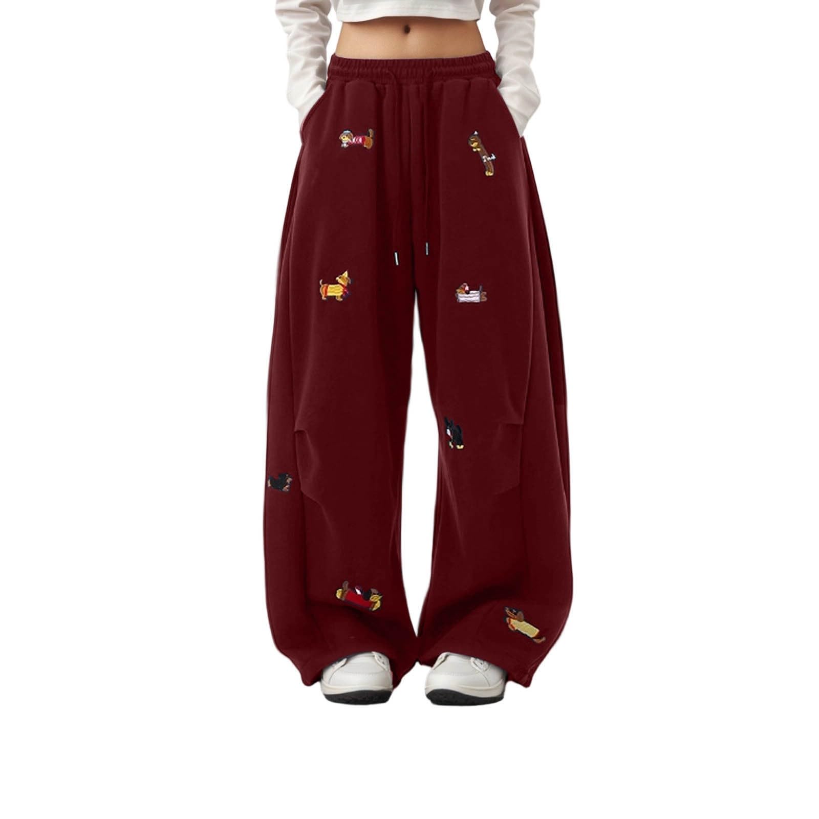 Women's and Men's Cute Dachshund Print Jogging Pants with Elastic Waist and Drawstring, Baggy Casual Sports Pants for Streetwear, Red, M
