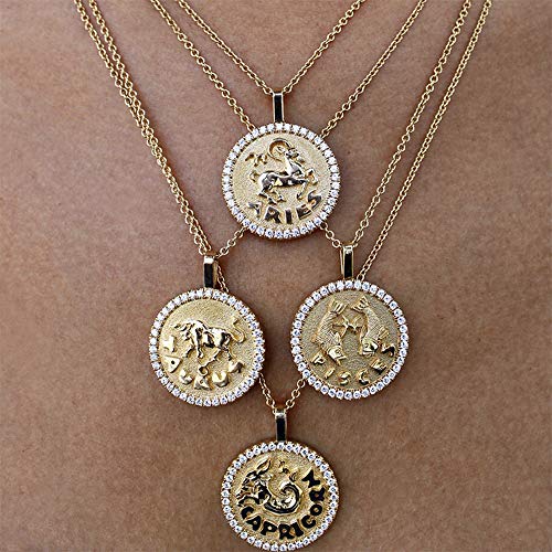 Constellation Necklace Pendant 14K Gold-Plated Hammered Round Disc Engraved Zodiac Sign Pendant 16.9’’ Adjustable Dainty Necklace Mothers Gifts for Her2