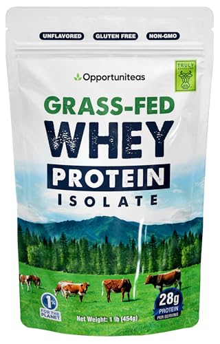 Opportuniteas Grass Fed Whey Isolate Protein Powder - Unflavored 28g Protein Powder Without Artificial Sweeteners, Hormone-Free Cows, Non GMO - 1lb