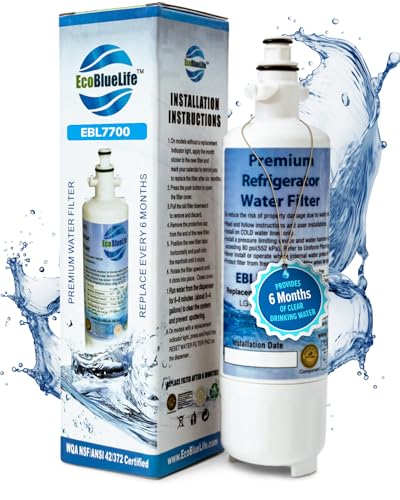 EcoBlueLife Refrigerator Water Filter Replacement – Compatible with LG and Kenmore fridges. Certified for Chlorine Reduction & Lead-Free Compliance. Activated Carbon Media, Easy Install with Hands