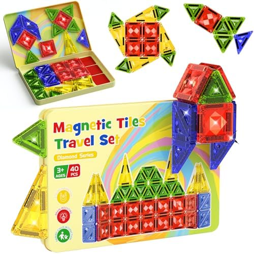 Mini Magnetic Tiles for Kids Ages 4-8, 40PCS Portable Travel Toys with ...