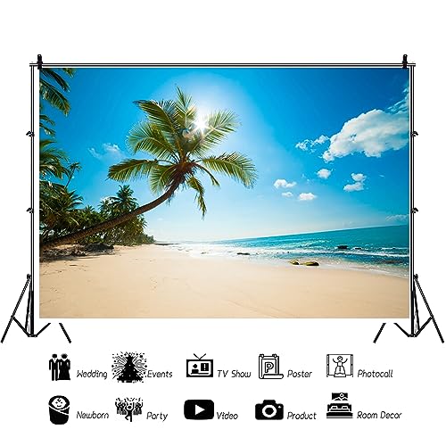 YongFoto 3x2m Vinyl Beach Photo Backdrop Seaside Blue Sky White Clouds Palm Tree Beach Backdrop for Photography Party Hawaiian Luau Scene Setters Personal Portrait Photo Background Studio Props - Image 3