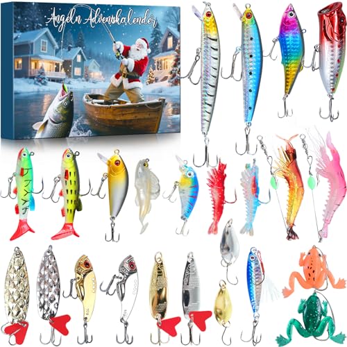 Calendrier de L Avent Peche 2025, 24 Ensemble de Leurre Peche Carnassier, 24 Jours Calendrier de L'Avent PêChe, Leurre Souple pour Cadeau Surprise Noel, Calendrier de L'Avent pour Homme