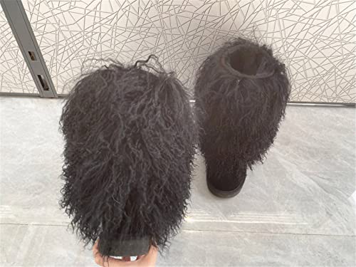 通用 MSBT Women Mongolian Fur Boots with Real Tibetan Fluffy Furry Sheep Curly Skin Snow Boot for Luxury Ladies Winter Warm Outdoor Wear Girls Soft Linning Black White Color Tall High Boots4