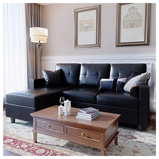 HONBAY Faux Leather Sectional Sofa Couch, Convertible Sectional Sofa L Shaped Couch with Faux Leather for Small Space, Black