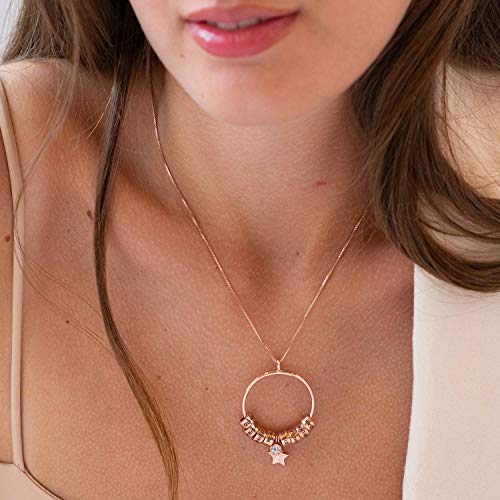 Myka - Personalized Large “Linda” Circle Pendant Necklace - Custom Made Engraved Beads Charm With Star - Jewelry For Women, Mom, Her, Grandma - Dainty Gift For Mother’s Day, Birthday, Xmas, Christmas - 0.925 Sterling Silver, 18K Gold & Rose Gold Plating, Vermeil #TOP3
