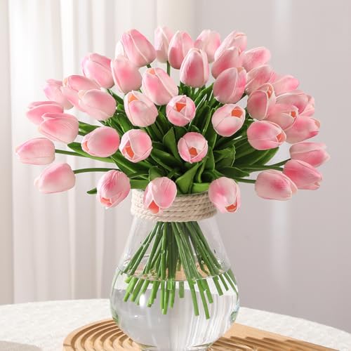 Veryhome Artificial Tulips Fake Tulip Flower Latex Material Real Touch Bouquets for Wedding Room Home Hotel Party Decoration and DIY Decor (Pink-10PCS)