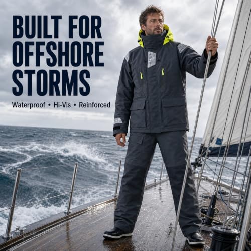 Image of Men's PRO Offshore Sailing Suit, Waterproof Jacket & Bib Pants | 3-Layer Fabric, Hi-Vis Hood, Reinforced Hips And Knees, Adjustable Suspenders, Reflective Safety Details