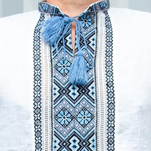 Vyshyvanka Men's Ukrainian Linen Hand Cross-Stitched Embroidery White Blue Gray Embroidery