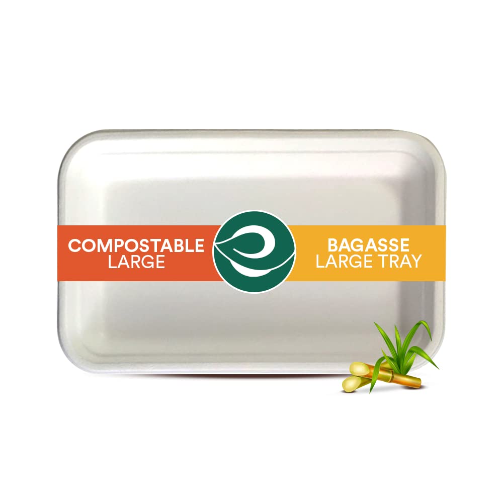 ECO SOUL [50-Pack, Large, White Compostable Bagasse Meal Trays | Disposable Eco-Friendly Biodegradable Meal Trays | Party, Wedding, Event Meal Trays