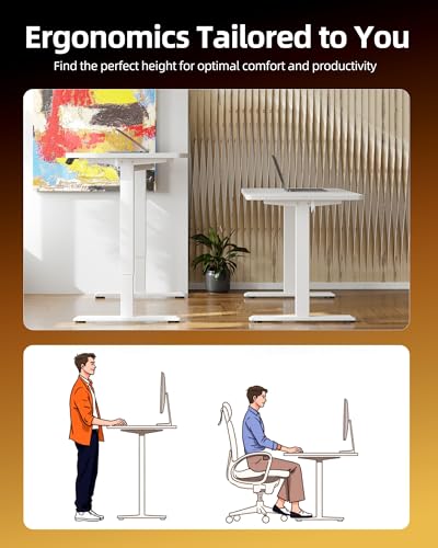 Image of TIQLAB Electric Standing Desk,47 * 24 Inches Adjustable Height Stand up Desk, Sit Stand Home Office Table with Splice Board, White