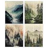 HRQKO Vintage Forest Mountain Wall Art Set of 4, Watercolor Landscape Artwork Printing Posters, Forest Wall Art Prints for Living Room 8'x10' Unframed