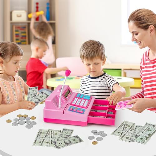 Image of BAODLON Calculator Cash Register - 103 Pcs Pink Toy Cash Register, Microphone, Credit Card and Banking for Kids, Early Math Skills Toys Gifts for 3, 4, 5, 6 7 8+ Years Old Boys Girls