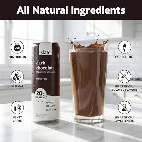 Image of Slate Milk - High Protein Milk Shake - Dark Chocolate - Lactose Free, 20g Protein, 1g Sugar, 100 Calories, 1g Net Carbs, No Added Sugar - Natural, Breakfast Boost, Post Workout - 11 fl oz, 24 Cans