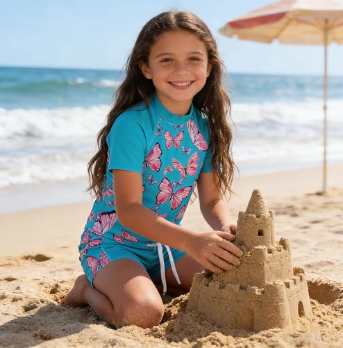 Image of Lovekider Girls Swimsuits Two Piece Rash Guard Set Short Sleeve Bathing Suit Liner Swimwear with Sun Protection 3-12T