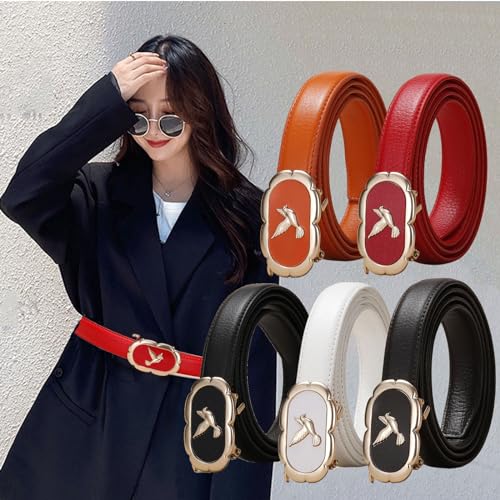 Women's Thin Ratchet Belts, Fashion Adjustable Denim Casual Belt with Swan Pattern Alloy Automatic Buckle4