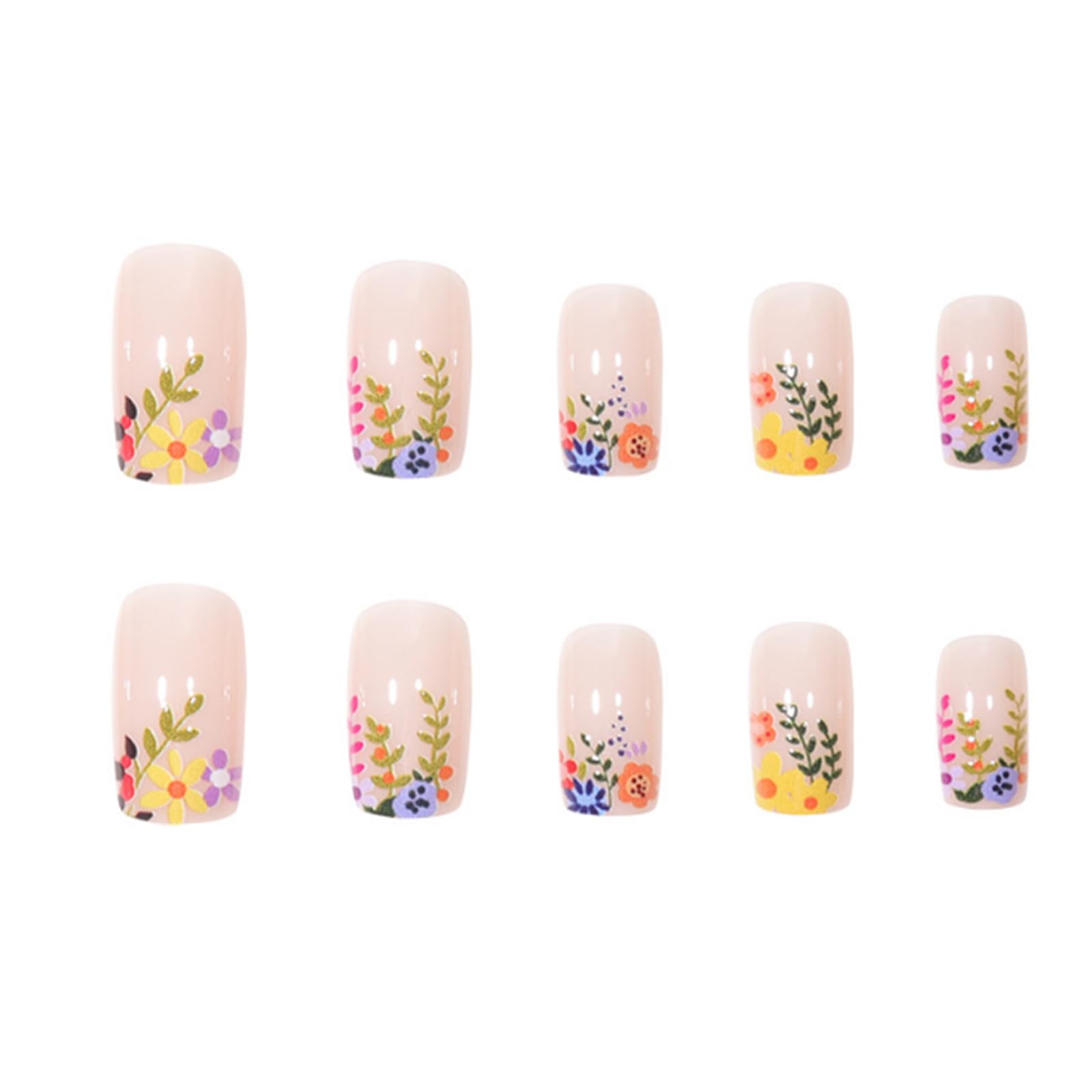 Floral French Press-On Nails with Pastel Pink Base & Colourful Hand-Painted Designs - Image 2