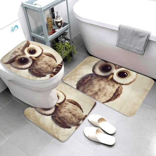 Badezimmerteppich-Set mit niedlichem Eulen-Design, 3-teilig, super saugfähig, Badematten-Set,...