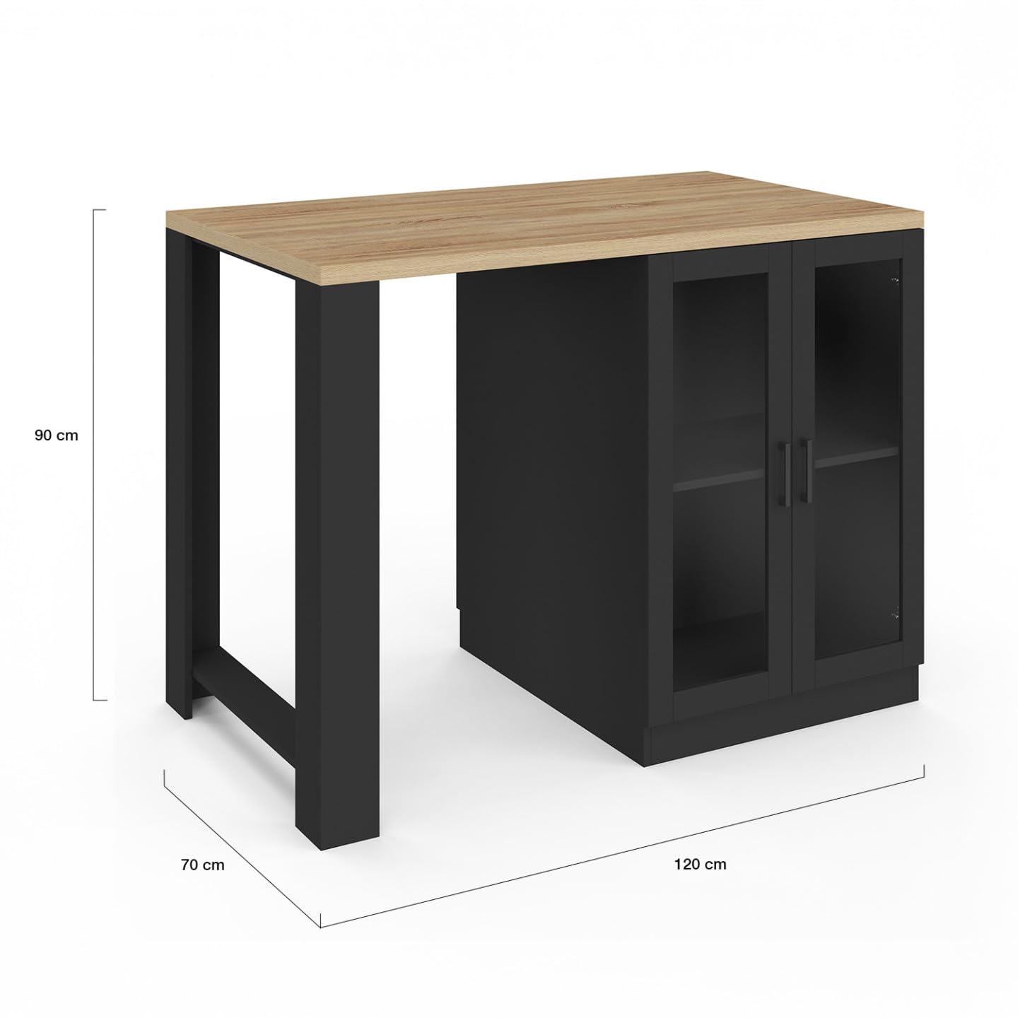 IDMarket - Ilot central LINO 120 cm 2 personnes bois noir avec plan de travail façon hêtre et portes vitrées