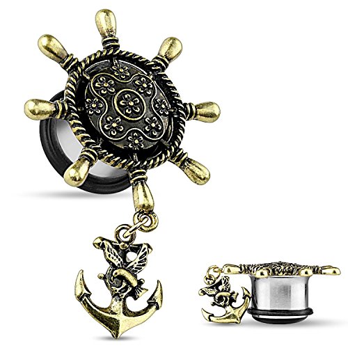 BodyJewelryOnline Erwachsenen Nautical Anchor Ohrstöpsel - Messing Schiff Rad w/Anker Dangle einzelne Flare Stecker (14mm 9/16 Zoll)