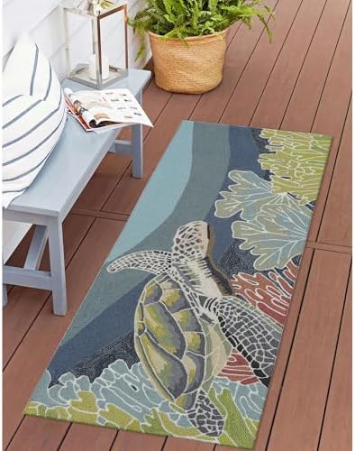 Liora Manne RAVELLA Indoor/Outdoor Hand Tufted Synthetic Blend Durable Area Rug - Contemporary Coastal Turtle Decorative (Akumal Ocean) (2' x 5')