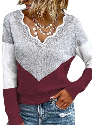 Burgundy Sweaters for Women 2026 Trendy Spring Color Block V