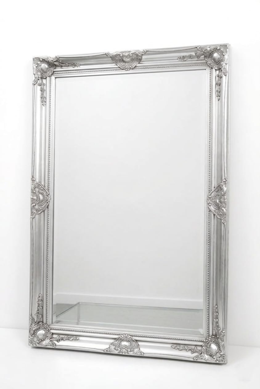 Deenz Silver Large Ornate Wall Mirror Rustic French Hallway Bathroom Wooden Flowery Design (90X60cm)