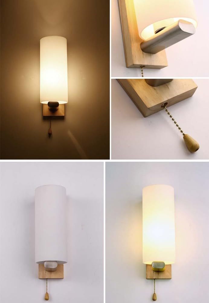 AoLa Holz Wandleuchte mit Zugschalter E27 Wandlampe Innen mit Rund Glas Lampeschirm Vintage Landhaus Schlafzimmer Nachtlicht Modern Metall Nachttischlampe für Schlafzimmer Wohnzimmer Flur