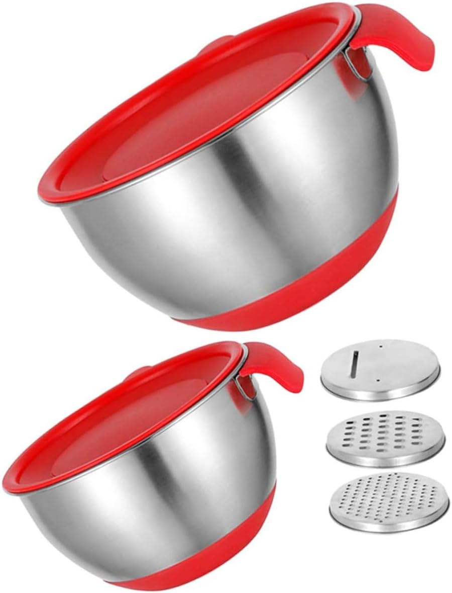 Stainless Steel Mixing Bowls with Red Handle and Silicone Non-slip Base, 18cm 20cm Kitchen Salad and Egg Beating Bowls Set with Lids and 3 Graters for Food Preparation