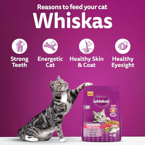 Image of Whiskas Adult (1+ Years) Dry Cat Food, Catla Fish Flavour, 450 g, Powered with 40 Essential Nutrients, Complete & Balanced Nutrition for Adult Cats