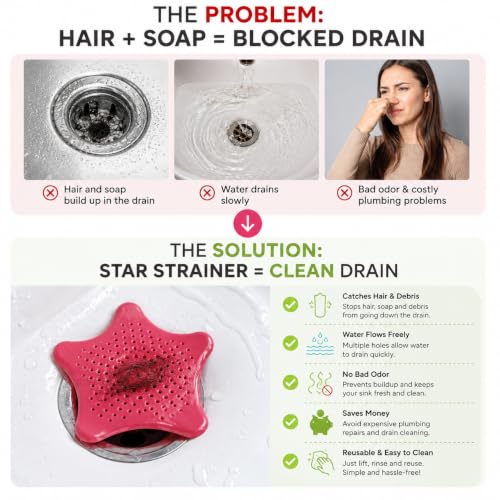 Image of Silicone Star Shape Drain Strainer for Kitchen Sink & Bathroom Wash Basin Hair Catcher Sink Filter with Strong Suction Cup | Reusable Drain Cover for Shower, Bathtub & Laundry