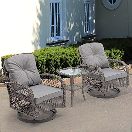 Homefun Outdoor Swivel Rocker Patio Chairs, 3 Pieces Patio Bistro Set Wicker Furniture Set 360 Degree Swivel Chairs With Cushions And Coffee Table #TOP6
